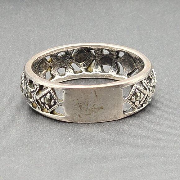 VTG Sterling Silver & Marcasite Lace Filigree 6.3mm Band Ring Size 7.5 Signed - Picture 3 of 7